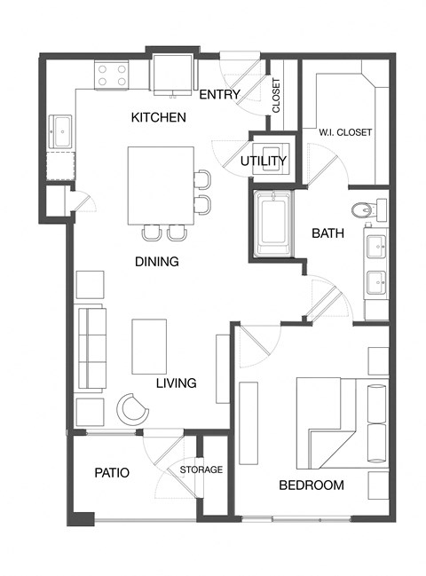 Floor plan for 1 bed, 1 bath, 854 sqft